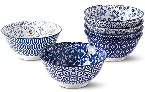 Selamica Porzellan Müslischalen, 590 ml Dessertschalen, 6 Stück Suppenschalen, Bowl Schüsseln für Müsli, Suppe, Salat und Nudeln, Vintageblau