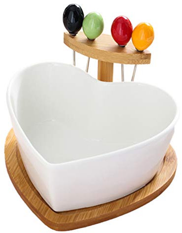 Cabilock Coupe à Fruits Forme De Cœur Saladier Porcelaine avec Fourchettes Métal Colorées Plat De Service pour Partage Déjeuner Dîner