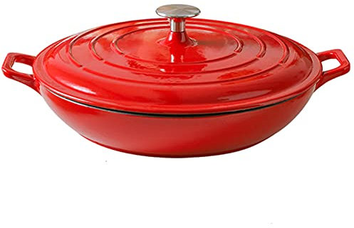 MYYINGBIN Red Cast Iron Braiser Pan With Lid, Shallow Enamel Casserole Dish, Dutch Oven Cookware Binaural Saucepan For Seafood Searing