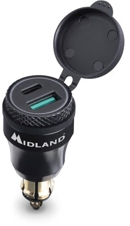 Midland - USB C Car Charger & Adapeter MP-DIN, 12/24V Power Supply for Motorcycles, Cars, Campers & Heavy Vehicles - Car USB Charger 2 Port Fast Charge with BMW Powerlet Connector