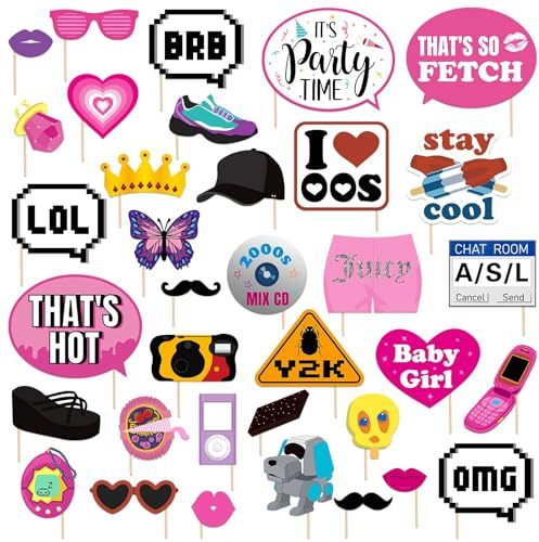 Mosailles 35Pcs 2000s Party Photo Booth Props 00s Party Decorations 2000's Theme Birthday Party Supplies Vintage Retro Y2K Party Decor