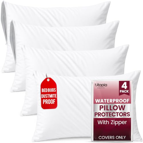 Utopia Bedding Protector de Almohada Impermeable con Cremallera (Paquete de 4) estándar, Funda de Almohada a Prueba de chinches de 20 x 26 Pulgadas