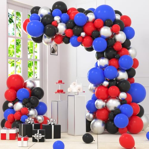 Red Blue Black Silver Balloon Garland Arch Kit, Red Blue, Black Balloons Spider Hero Balloon Arch for Boy Birthday Baby Shower Graduation Video Game Spider Boy Theme Party Decorations