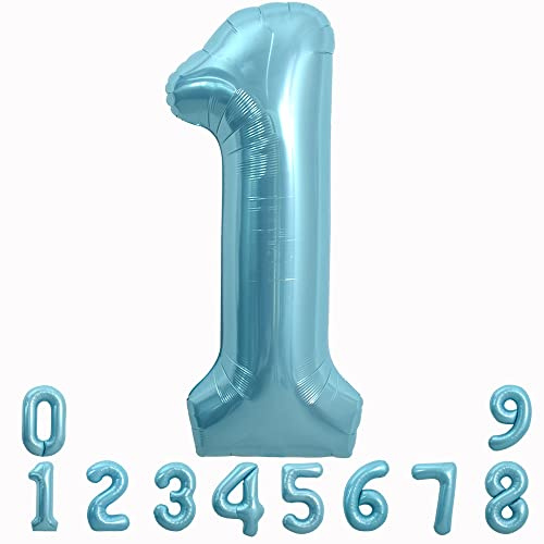 TONIFUL 40 Inch Light Blue Large Numbers 0-9, Number 1 Digital 1 Helium Balloons, Blue Foil Mylar Big Number Pastel Balloons for Birthday Party Anniversary Supplies Decorations