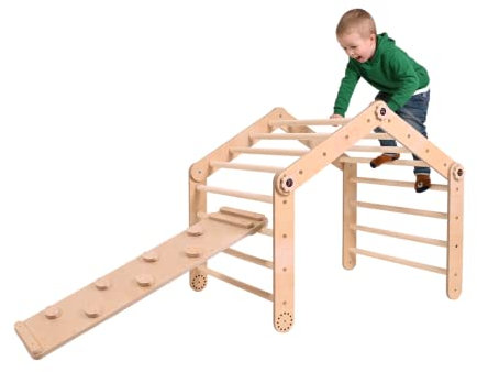 Smart Fox Wood Montessori Holzklettergerüst Set mit doppelseitiger Rampe, verstellbares Kletterdreieck mit hölzerner Kinderrutsche für Kinder von 1 bis 6 Jahren