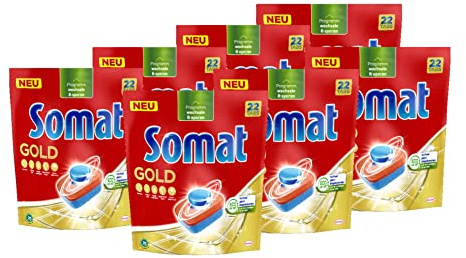 Somat Gold Spülmaschinen Tabs (7 x 22 Tabs), Geschirrspül Tabs für strahlend sauberes Geschirr auch bei niedrigen Temperaturen, Extra-Kraft gegen Eingebranntes