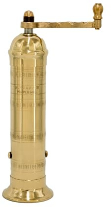 Alexander Home The Original Greek Pepper Mill 8 Inch Tall | European Pepper Mill Grinder with Crank Handle | Manual Pepper Grinder | Peppercorns Refillable - Brass