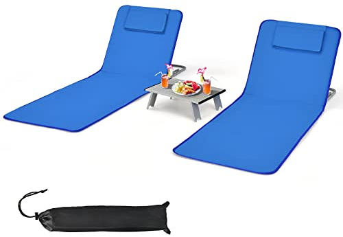 GIANTEX 2er Set Strandliege mit Tisch, Faltbare & tragbare Strandmatte mit 5-stufig Verstellbare Rückenlehne, Sonnenliege mit Kissen & Tragegurt, 151 x 55,5 cm (Blau)