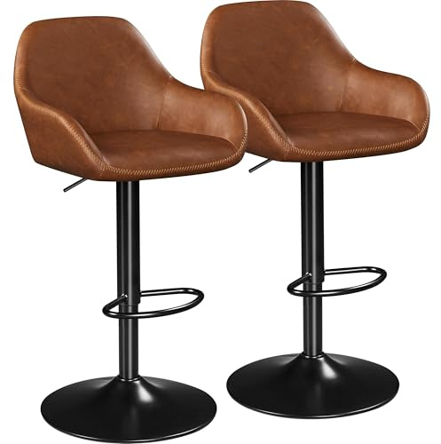Yaheetech Bar Stools Set of 2, Height Adjustable Swivel Barstools, PU Leather Upholstered Bar Chair with Backrest, Armrests and Footrest for Home Kitchen, Retro Brown