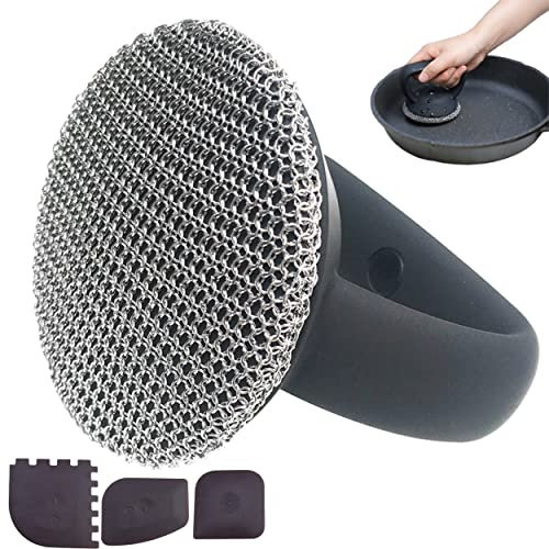 JSvsza Cast Iron Scrubber with 3 Pan Scraper, 316 Cast Iron Cleaner, with Ergonomic Handle, Chainmail Scrubber for Cast Iron Pans and Skillets, Dishwasher Safe, Black