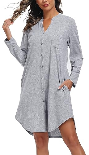 Vlazom Camicia da Notte Cotone con Bottoni a Maniche Lunghe Davanti Curvy Scollo a V，Grigio Chiaro，M