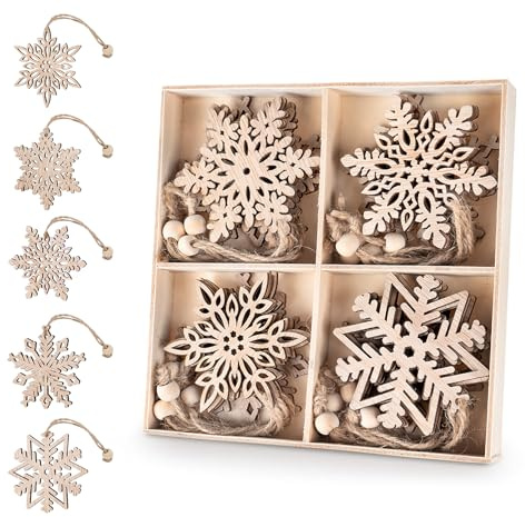 Fiocchi di Neve in Legno, 7,5cm Pendenti Albero di Natale, 20 Decorazioni Natalizie, 5 Design Ornamenti da Appendere, Etichette con Spago, Artigianato Natalizio