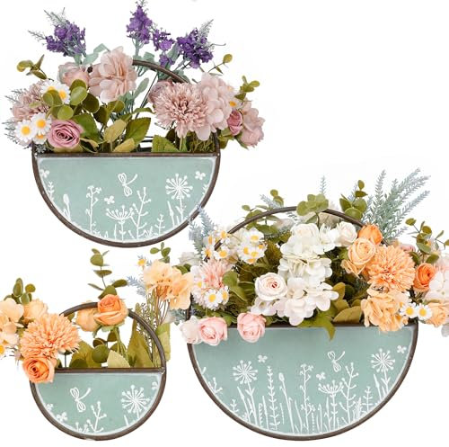 JonesHouseDeco 3 Juegos de macetas Redondas Verdes para Colgar en la Pared, Macetas de Metal para suculentas, Maceta Redonda de Hierro, Decoración de Paredes