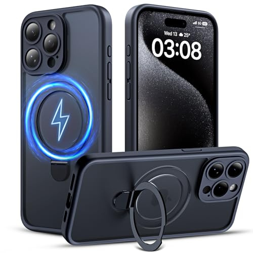 TOCOL für iPhone 15 Pro Hülle für Magsafe mit Ständer, Vollständiger Kameraschutz Stoßfest Kratzfest Transluzente Rückseite Magnetisch Handyhülle für iPhone 15 Pro Case, Schwarz