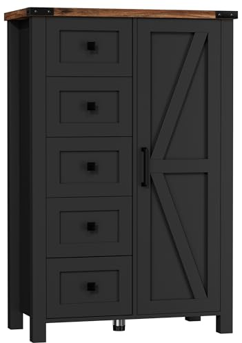 VVFLU Farmhouse Tall Dresser Chest of Drawer for Bedroom, 5 Drawer Storage Cabinet with Barn Door, 48 Inch Tall Wood Dresser, Adjustable Shelves, Rustic, for Living Room, Entryway, Hallway