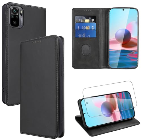 Vauki Funda Cuero para Xiaomi Redmi Note 10 4G/10S 4G con 1 Cristal Templado Carcasa PU Tipo Cartera Soporte Tarjetas Case Ranuras Soporte Plegable Tapa Libro Movil Flip Caso 6.43, Negro