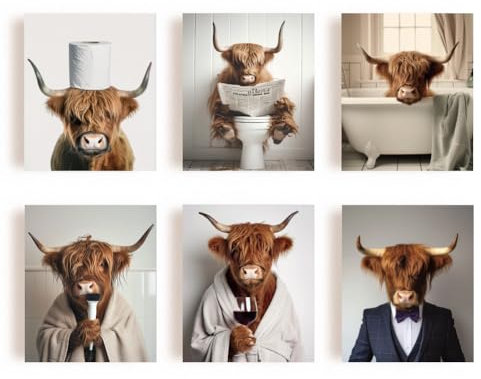 SUPERDANT Poster Da Parete con Mucca Delle Highlands,Divertente Stampa su Tela per Bagno,Moderno,per WC,Poster Da Parete,per Bagno,WC,Camera Da Letto,Decorazione,Senza Cornice,Set Da 6