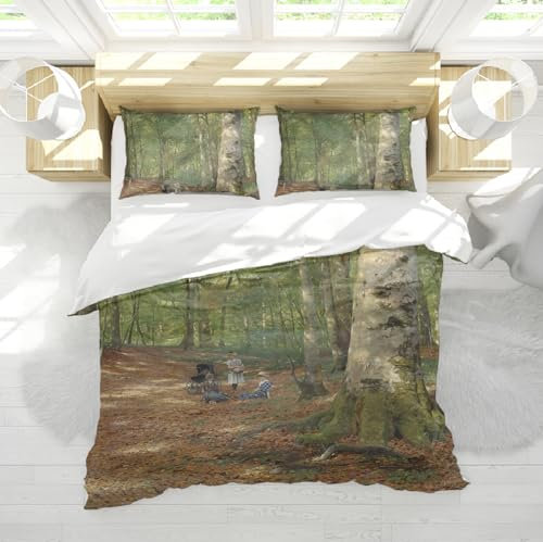 DINGSION Peder Mork Monsted Style Bettwäsche-Set 3-teilig The Woodland Glade, 1883 Weiches Schlafzimmer-Bettwäsche-Set mit 2 Kissentüchern Reißverschluss 4 Bänder 240 x 220 cm
