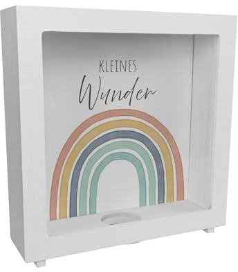 Regenbogen Rahmen Spardose aus Holz mit Spruch Kleines Wunder Perfekt zur Geburt Babysachen für Junge Mädchen im Boho-Stil Mutter Baby Geschenk