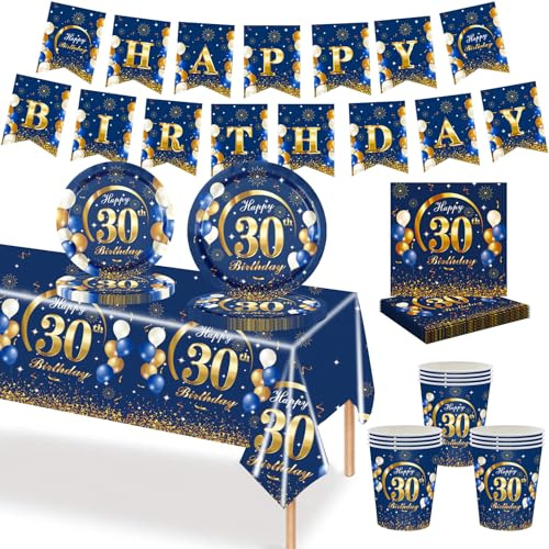 MORAINJAY 70P 30th Birthday Tableware Blue Gold, 30th Birthday Cups Plates Napkins Tablecloth Paper, Table Decoration Set for Men Women Party Supplies (16 Guests)