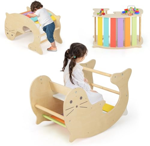 COSTWAY Toddler Climbing Frame, 3 in 1 Wooden Arch Climber Rocker Ladder with Cute Sea Lion Pattern, Indoor Kids Montessori Play Gym for Boys Girls