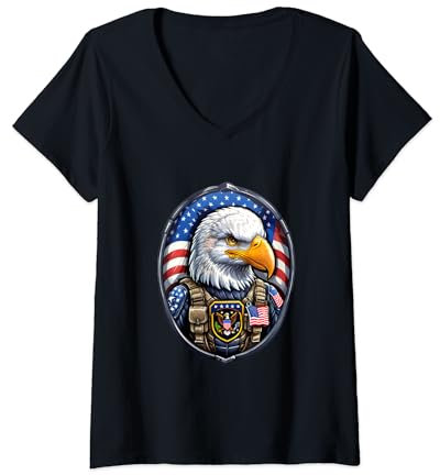 Damen Patriotischer Adler in Soldaten Gear | Freedoms Brave Guardian T-Shirt mit V-Ausschnitt