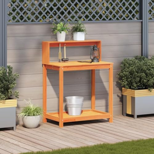 Gecheer Tavolo Invaso con Ripiani,Tavolo da Lavoro per Giardino,Tavolo per Piante in Legno,Banco da Lavoro da Giardino,Tavolo da Esterno,Banco da invasatura,Marrone 82,5x50x109,5cm Massello Pino