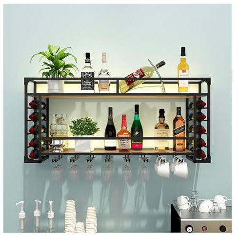 Weinregal Zur Wandmontage Mit Beleuchtung,Moderne Barregale,weinhalter Wand,flaschenhalter Wand,Flaschenregal Mit Glashalter,Wein Regal,Weinglasregal,Getränkeregal Für Küche Wohnzimmer Esszimmer(Black