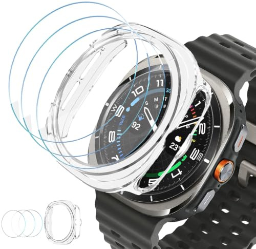 DEALELE [1+3-pack] klockfodral kompatibelt med Samsung Galaxy Watch 7 Ultra (47 mm), klar strass diamant skyddande fodral klockskydd med 9H ultratunt härdat glas displayskydd, transparent