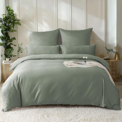 SOULFUL Satin Bettwäsche 200x200 Baumwolle Kühlend, Oeko-Tex, GrauSage | 100% Langstapelige Baumwolle Seidig Kühlend Bettwäsche-Set mit Reißverschluss, 1 Bettbezug 200x200 & 2 Kissenbezug 80x80
