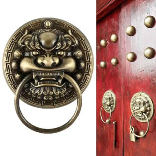 HEBEOT Vintage Messing Druckguss Löwenkopf Bronze – Biestkopf Türring Holz Türklopfer Retro Villa Hoftor 10 x 10 cm