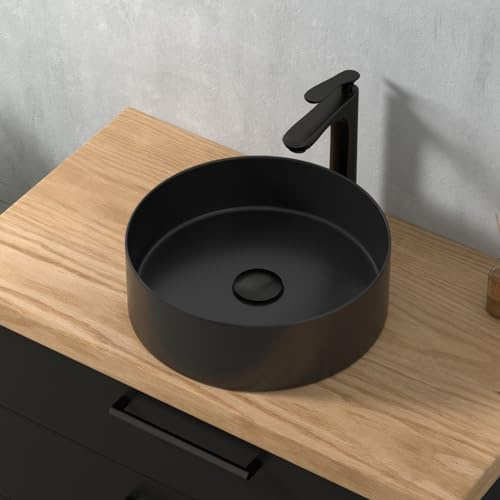 CASAMO Waschbecken Schwarz, Aufsatzwaschbecken Rund, Klein Handwaschbecken in elegantem, pflegeleichtem Design für Bad & Gäste-WC (Matt Schwarz, 39,5 x 39,5 x13 cm)