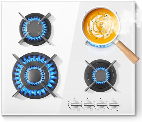 SNDOAS Plaque de Cuisson Gaz 4 Feux Verre Blanc, Plaque Gaz 4 Feuxs Encastrable, Table de cuisson 8060W,NG/LPG, Verre trempé & Sécurité Thermocouple