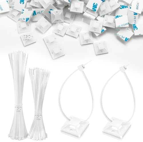 300 bridas de 120 mm/150 mm, 150 unidades, soporte autoadhesivo de plástico, base adhesiva de nailon, soporte adhesivo para fijación de cables