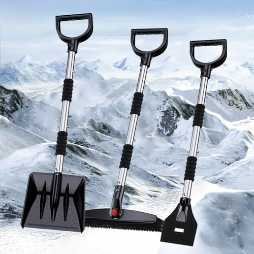 Ensemble de Pelle à Neige Pliable et rétractable pour Voiture, Brosse à Neige, grattoir à Glace, Pelle à Neige multifonctionnelle Portable pour Voitures, motoneiges, Camping et Boue, Argent