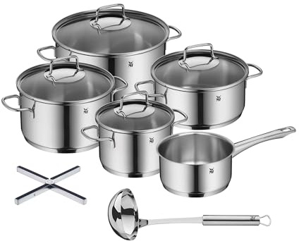 WMF Set 3-teilig Astoria Vorteils Topfset Induktion 5-teilig mit Glasdeckel und WMF Profi Plus Suppenkelle 30 cm, Saucen-/Schöpflöffel und Mister X Topfuntersetzer Edelstahl klappbar 19 x 19 cm