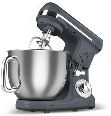 Karaca Blendburst Küchenmaschine, 6-stufige Geschwindigkeitsregelung, 5,7L Edelstahl-Schüssel, Doppelte Knethaken, Schneebesen, Flachrührer & Teighaken, Rutschfester Stand, Grau, 1400 W