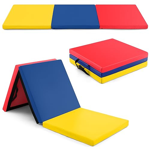GYMAX Tapis de Gymnastique Épais Pliable 180x60x5cm, Combinaisonable avec Attache Auto-Agrippante, Housse en Simili Cuir, Portable avec Poignées de Transport, pour Yoga, Fitness, Étirement