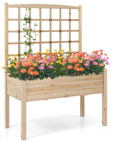 GOPLUS Hochbeet mit Rankgitter, Blumenkasten mit Spalier, Pflanzkasten mit Rankhilfe, Blumenkübel mit Drainagelöchern, Pflanzbeet Hochbeet für Kletterpflanzen, Obst & Gemüse, 119 x 60 x 160cm, Natur