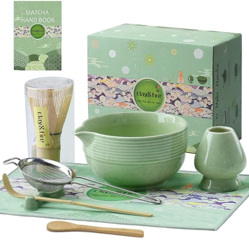 Clay&Fire Matcha Whisk Set, 9 pcs Ceramic Matcha Set, Gifts for Women,Matcha Bowl with Spout and Whisk, Matcha Kit for Matcha Lovers (Green)