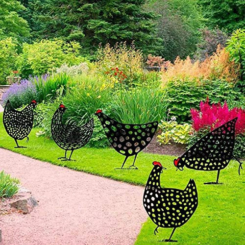 5 Pcs Chicken Yard Art Decorations Acrylic Hollow Rooster Silhouette Garden Statues Decor Animals Figurines Lifelike Them Stakes Yard Ornaments for Lawn Floor Patio Courtyard-Black One Size