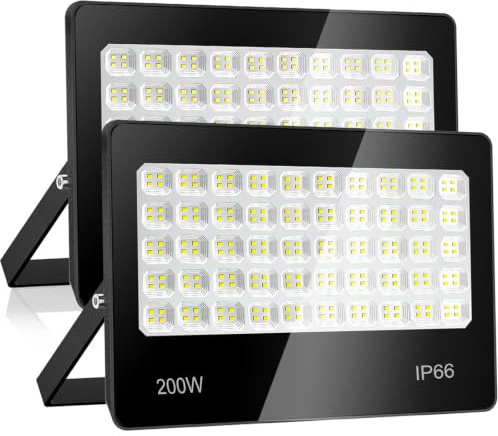 ANNIFUNLY Foco LED Exterior, 2 Pcs 200W 20000LM Superbrillante Focos Exterior 6500K Blanco Frío, IP66 Impermeable Foco Proyector para Casa, Jardín, Garaje, Patio, Camino,Terraza
