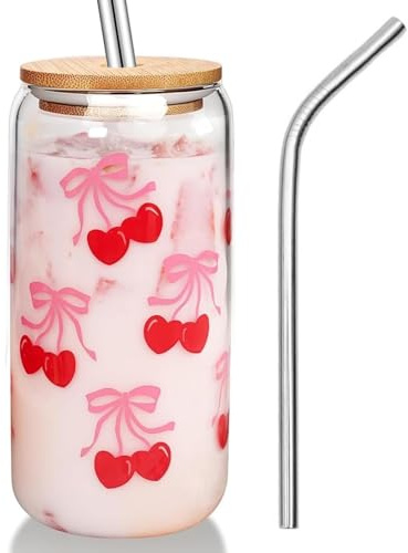 Tressora 4pcs Cute Glass Coffee Mugs Cups with Lids and Straws, Bow Design Iced Coffee Cup, Aesthetic Mug Tumbler for Women, Flower Drinking Glasses,Coffee Lover Gifts for Women(Bow Design)