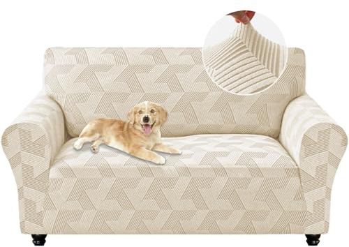 CYCMACO Elasticizzato Copridivano 2 Posti, Moderno Fodera Divano Con Braccioli, Antigraffio Spesso Copridivano, Fodera Divano Antimacchia Antiscivolo, Universale, Lavabile, Beige
