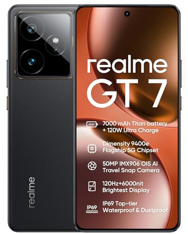 realme GT7 5G Teléfonos móviles, 12 GB+256 GB, Chipset Dimensity 9400e, Batería de 7000 mAh, Carga de 120 W, Cámara IMX906 OIS de 50 MP, Pantalla de 120 Hz, IP69, Negro(sin Adaptador)