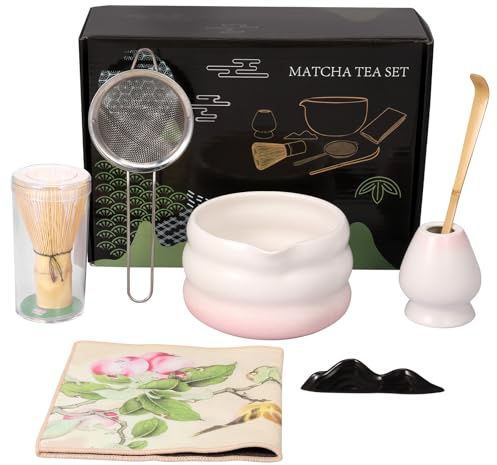 7 Stück Matcha Set Matcha Schale Mit AusgießEr Japanische Matcha Besen Set Matcha-Whisk Sieb TeelöFfel Matcha-Schneebesenhalter zubehör FüR Teeliebhaber((weiß rosa)
