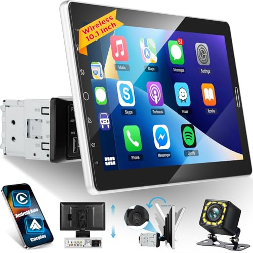 Autoradio 1 Din con Carplay Wireless e Android Auto - Touchscreen IPS Staccabile da 10,1 Pollici con Mirror Link Wireless, Equalizzatore, Radio AM/FM/RDS, Bluetooth, SWC + Telecamera di Retromarcia
