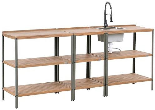 Cucina da esterno 3 elementi in legno di acacia massiccio marrone e nero con lavello in acciaio inox