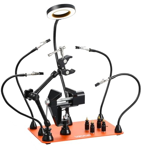 VEVOR Magnetic Helping Hands Soldering Station, 4 Arms Third Hand Tool, with Vise, 3X LED Magnifying Lamp, 4 PCB Holder & 360 Hot Air Gun Holder, Soldering Helper for Electronic Repair Craft Hobby DIY