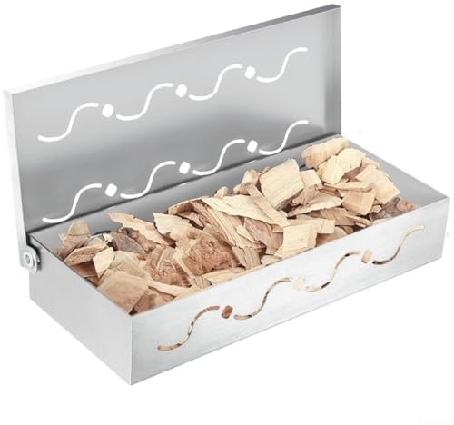 Homeponnew Fumoir à copeaux de bois pour barbecue en acier inoxydable de 30,5 cm avec couvercle à charnière, grands trous d'aération pour barbecue à gaz, accessoires de cuisine professionnels en plein